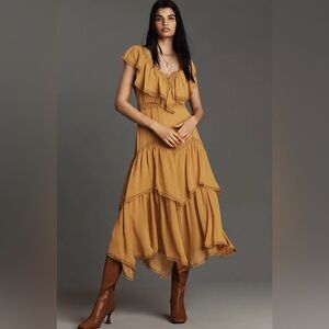 ✨ Anthropologie Short-Sleeve V-Neck Ruffle Midi Gold Dress NWT Size S ✨